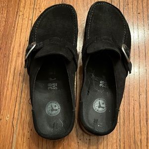 Birkenstock black suede slip ons with buckle, 38